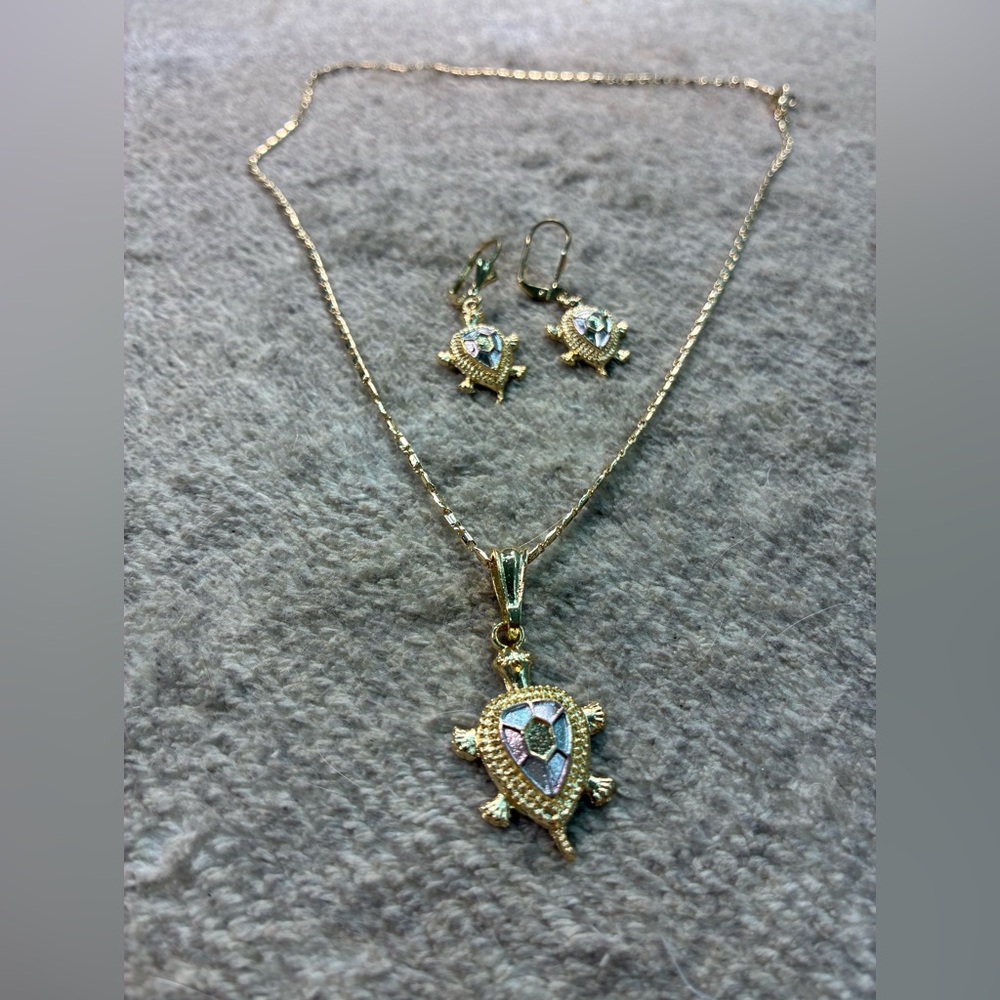 Gold Plated Turtle Pendant Necklace and Earring Set